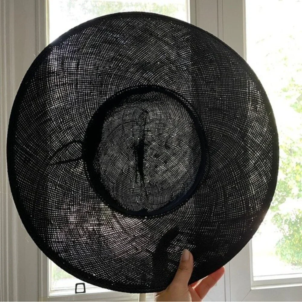 Vintage Black Straw Large Brimmed Hat w/ Pinched Crown - Picture 7 of 8